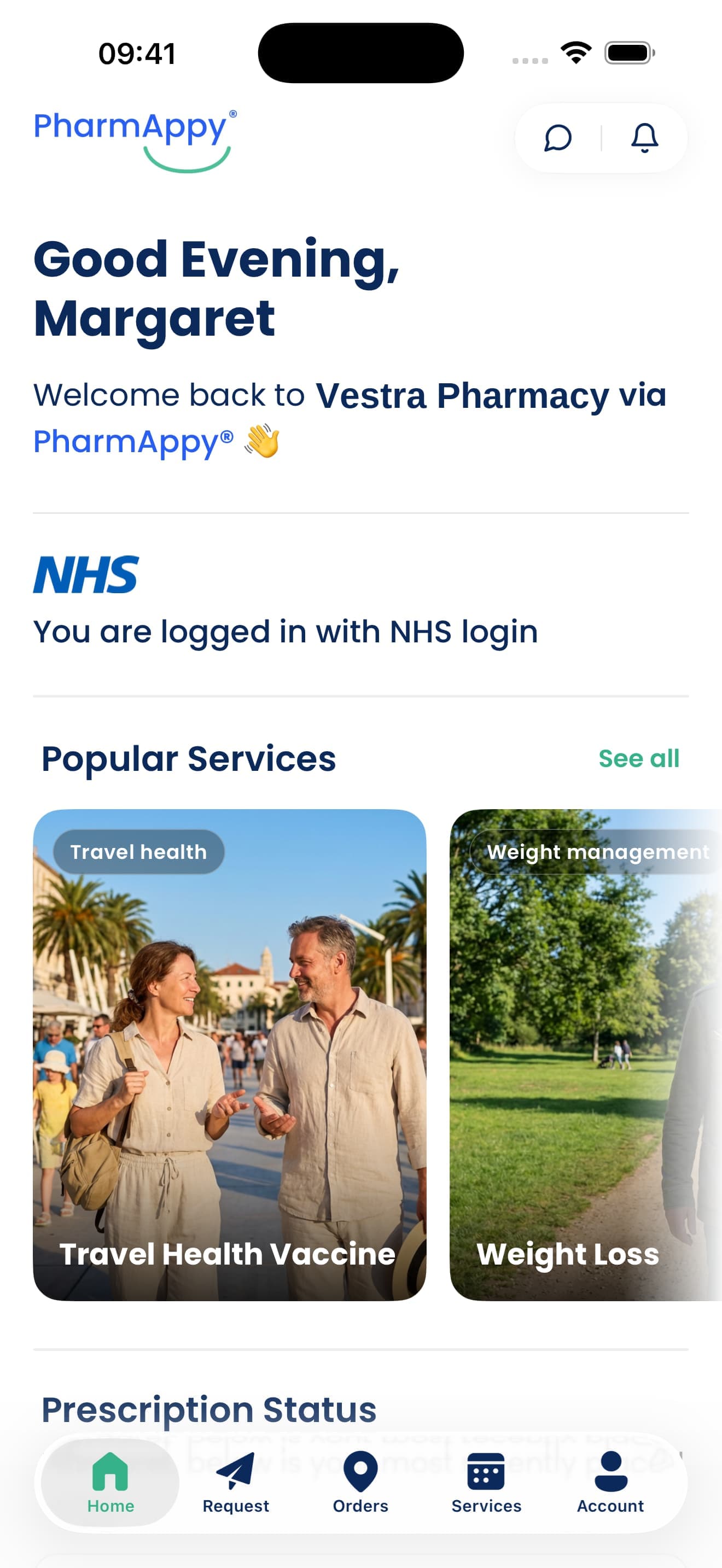 The PharmAppy app, showing prescriptions and services