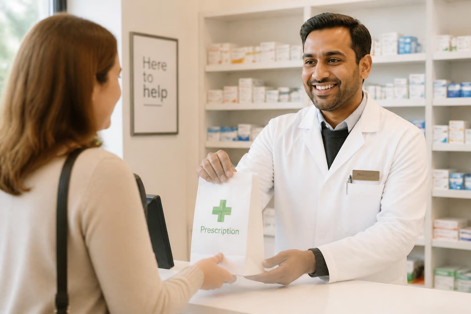 Pharmacist handing a prescription to a customer at a community pharmacy counter